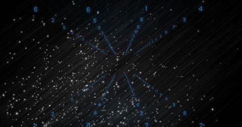 Radial Data Network Converging on Central Node with Blue Numerals and Digital Starfield