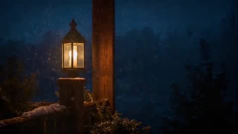 Porch Lantern Casting Warm Glow While Snow Falls at Night in Forest