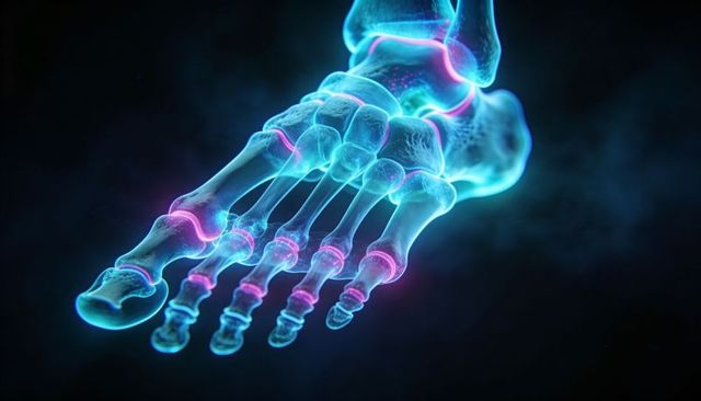 Neon Cyan Foot Skeleton Featuring Glowing Phalanges and Metatarsals Futuristic Anatomy