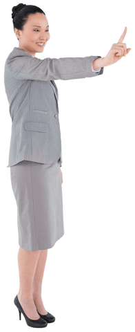Transparent Happy Asian Businesswoman Pointing with Smile