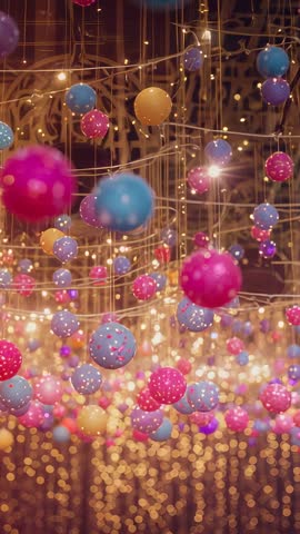 Vertical video panning through suspended dotted spheres with vibrant bokeh lights