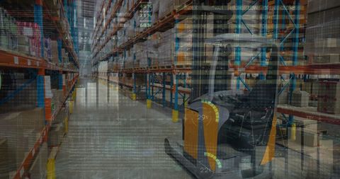 Warehouse Aisle with Forklift and Stacked Inventory