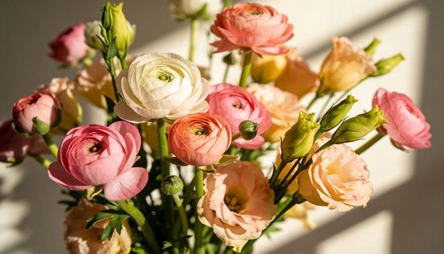 Pastel ranunculus and lisianthus bouquet blooming in window light casting soft shadows