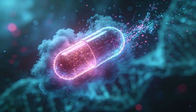 Neon capsule releasing glowing nanoparticles over dna mesh in pink cyan medicine concept