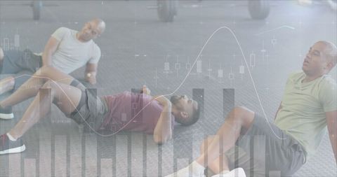 Diverse Athletes Relaxing Post Workout with Dynamic Data Overlay