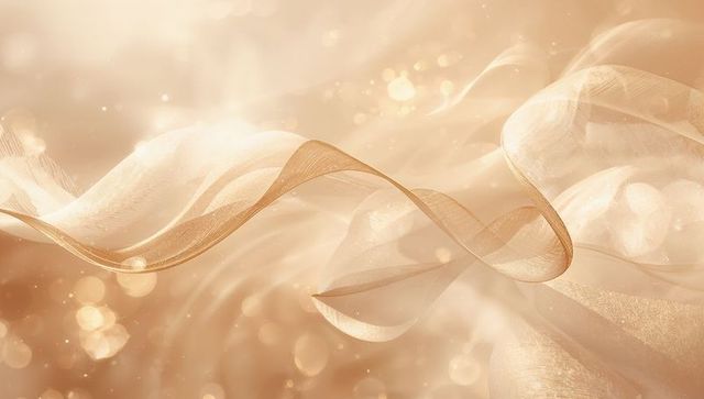 Golden Sheer Ribbon Flowing with Bokeh and Glitter, Ethereal Abstract Textile Wave Design