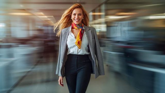 Confident businesswoman walking through office corridor wearing checked blazer, scarf