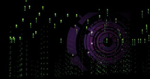 Rotating Purple Holographic HUD with Binary Rain and Circular Data Rings in Cyber Grid