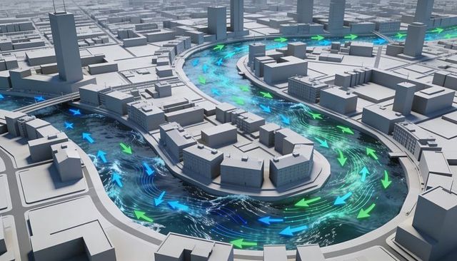 Urban canal hydrodynamic flow simulation with colored arrows visualizing currents