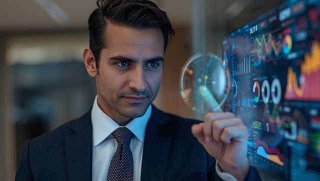 Businessman Analyzing Data on Futuristic Touchscreen in Modern Corporate Office