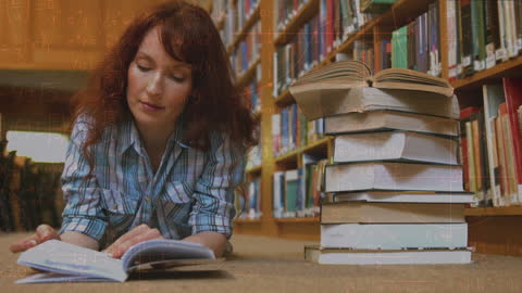 Student Studying in Library with Floating Equations Overlay