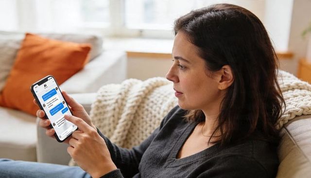 Young woman messaging on smartphone while relaxing on cozy sofa with knit blanket