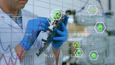 Technician Analyzing Circuit Board with Eco Icons and Data Graphics