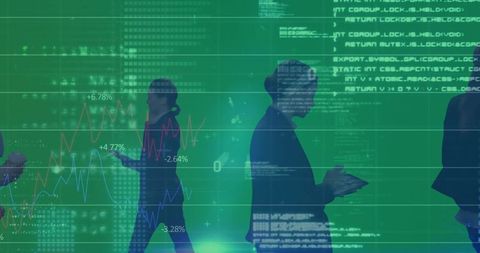 Silhouetted executives walking through data overlay with financial charts and analytics