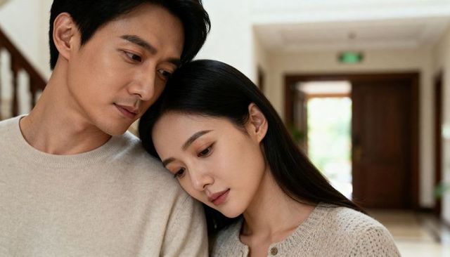 Couple leaning on shoulder in cozy sweaters, intimate soft-light moment in hallway