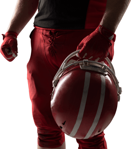 Sportsman holding rugby helmet with focus on details