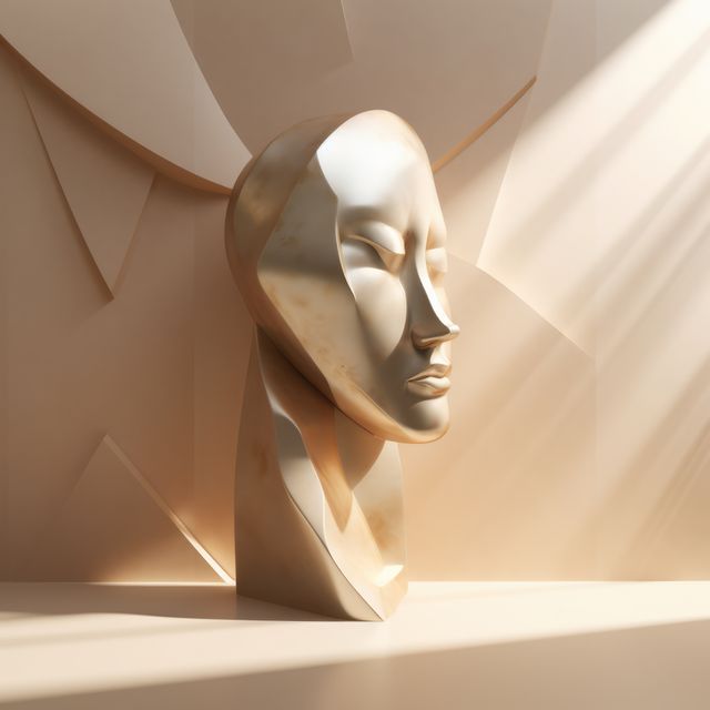 Close up of metallic face sculpture on beige background, created using generative ai technology. Art and modern abstract face sculpture design concept digitally generated image.