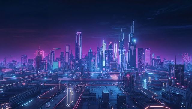 Futuristic Neon Cityscape with Drone Lit Atmosphere