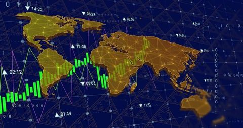 Visualizing global financial markets with golden world map, green candlestick charts