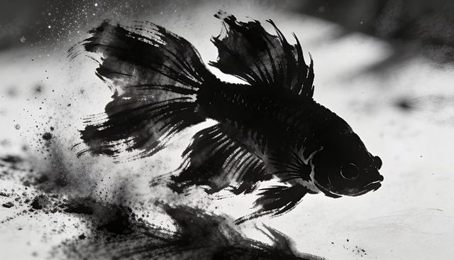 Gliding ornamental fish with ink-brush silhouette and backlit sumi-e high-contrast moody