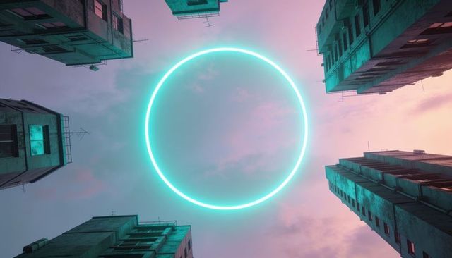Low-angle neon cyan ring hovering above urban canyon at pastel twilight