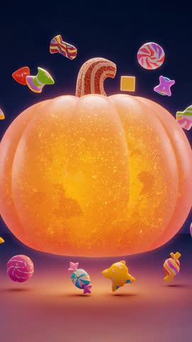 Emerging Glowing Pumpkin with Orbiting Colorful Candies - Vertical Loop Video
