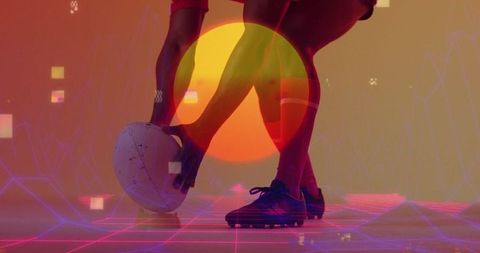 Futuristic sports scene: athlete gripping soccer ball on led grid
