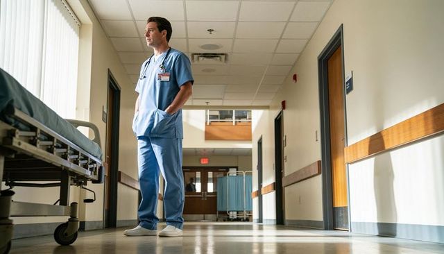 Male clinician standing in hospital corridor by stretcher looking toward window, daylight