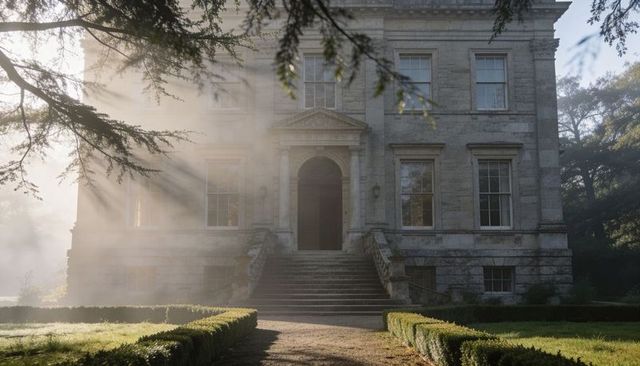 Sunlit historic manor house with formal garden path, stone steps, arched doorway, morning mist