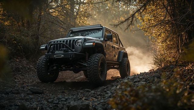 Four-door off-road suv climbing rocky forest trail at golden hour with winch and led bar