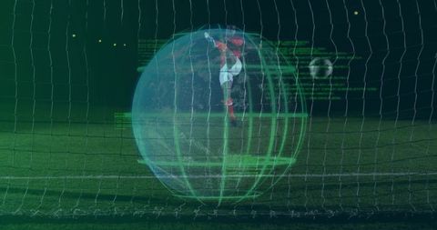 Goalkeeper Diving in Futuristic Soccer Shot with Digital Overlay