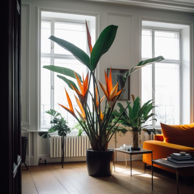 This image shows a modern living room featuring a tall Bird of Paradise plant placed near large windows that let in abundant natural light. The room has contemporary furniture including an orange sofa which adds a pop of color to the space. Ideal for use in articles or blogs about interior design, home decor, bringing nature indoors, or creating a cozy and stylish living environment.