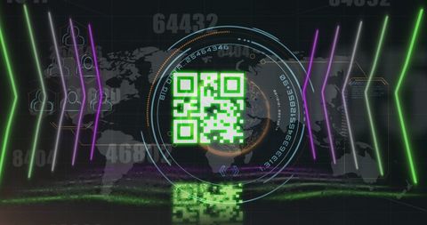 QR Code on Digital Interface with Neon Shapes and Grid - Download Free Stock Images Pikwizard.com