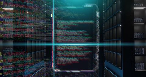 Holographic Code Display Streaming Through Data Center Aisle with Neon Cyan Beams