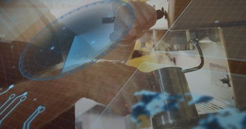 Futuristic coffee brewing with modern tech and holograms