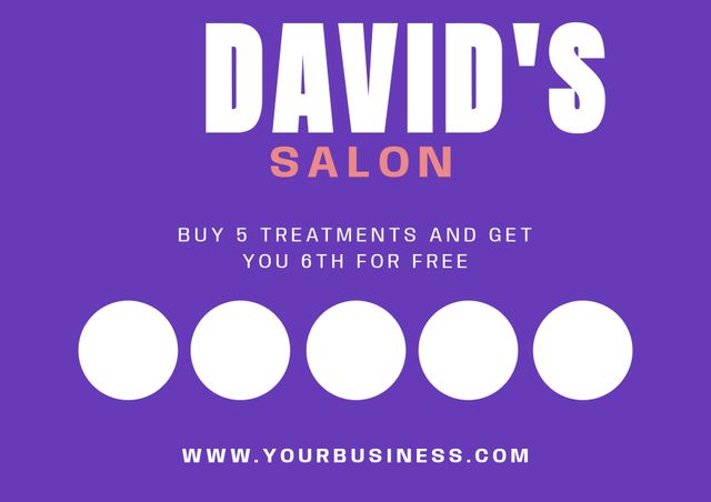 Loyalty reward card for salons, offering a promotional deal where customers buy five treatments and receive the sixth one free. Useful for marketing and customer retention in beauty and wellness businesses, ensuring higher customer engagement and loyalty.