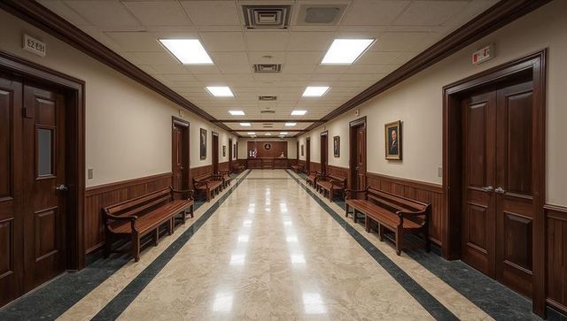 Symmetrical courthouse corridor with judge bench, marble floor and classic wood benches