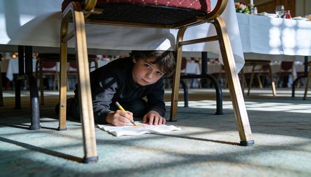 Curious boy drawing under banquet table, concentrated child coloring at reception