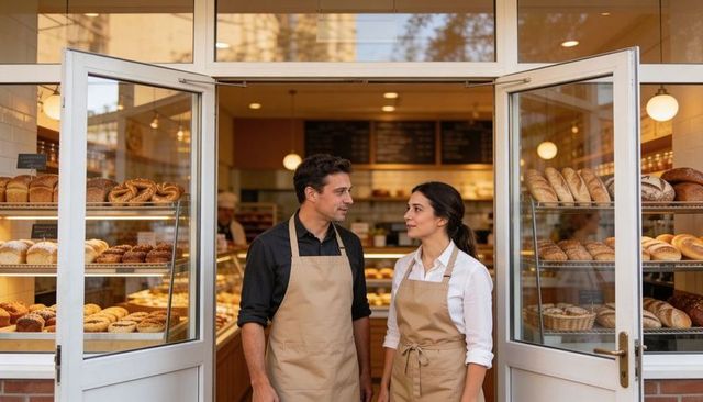 Friendly baker duo greeting customers at charming artisan bakery entrance