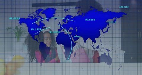 Global connectivity infographic overlaying living room scene, showing child and caregiver