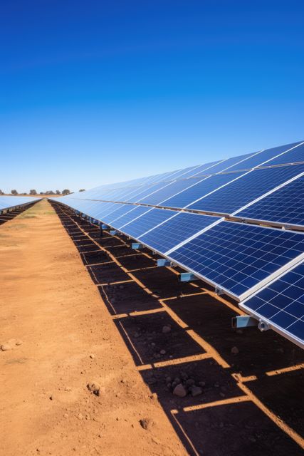 Horizontal rows of solar panels prominently arranged in an open field. Bright blue sky contrasts with the earthy ground. Ideal for promoting renewable energy, sustainability projects, or rural development.