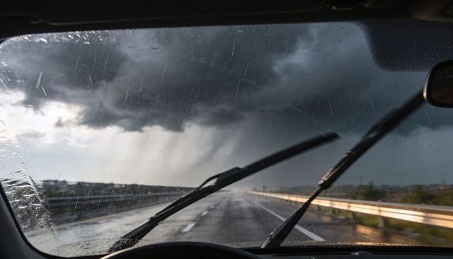 Driver view through wet windshield with wipers clearing heavy storm on empty highway