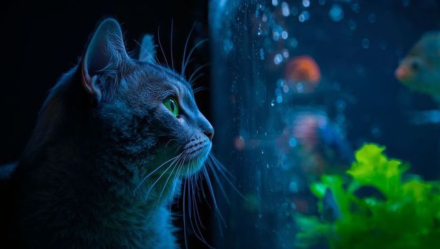 Gray cat gazing through aquarium glass at orange fish under moody blue led lighting