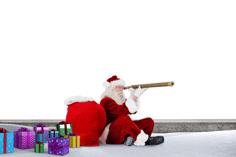 Joyful Santa Claus Using Telescope on Transparent Background