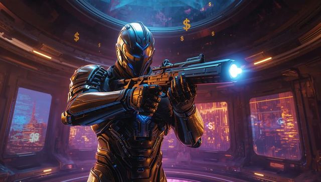 Futuristic Soldier Holding Energy Rifle in Cyberpunk Chamber