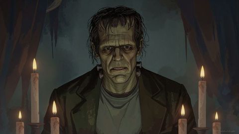 Gothic frankenstein's monster in candlelit crypt