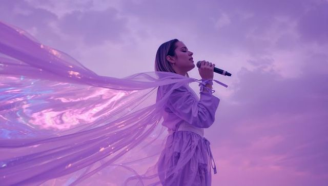 Singer in Lavender Dress Performing Aloft Wispy Fabric at Dusk