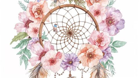 Dream catcher with pastel flowers and feathers: bohemian decorative watercolor art