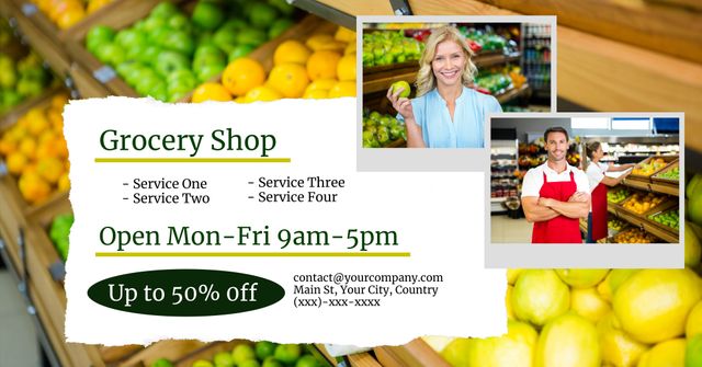 Friendly Grocery Shop Staff with Fresh Produce and Discount Offers - Download Free Stock Templates Pikwizard.com