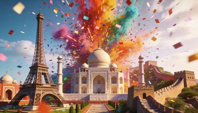 World monument fusion celebrating cultural icons with colorful confetti explosion